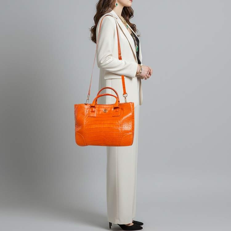 Pre Owned Tory Burch Robinson Double Zip Large Orange Croc Embossed Leather Tote