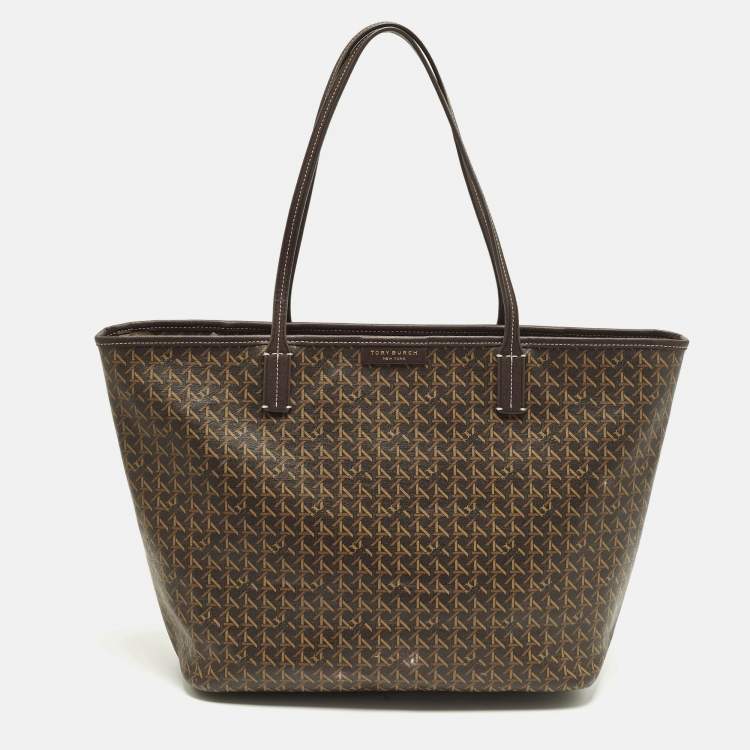 Pre Owned Tory Burch Ever Ready Dark Brown Basket Weave Print Coated Canvas Tote