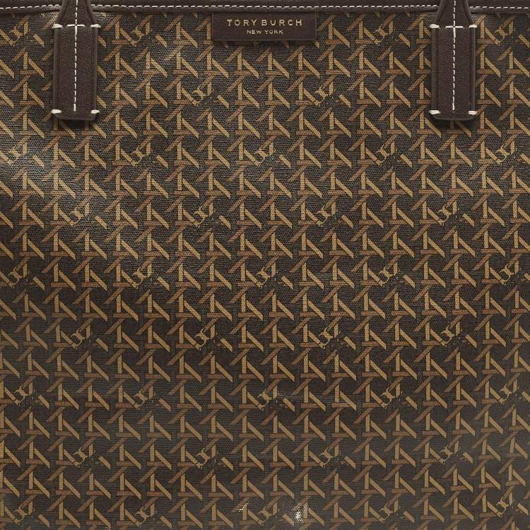 Pre Owned Tory Burch Ever Ready Dark Brown Basket Weave Print Coated Canvas Tote