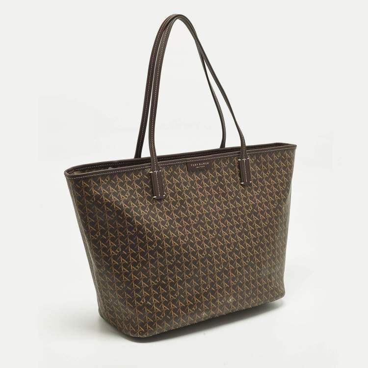 Pre Owned Tory Burch Ever Ready Dark Brown Basket Weave Print Coated Canvas Tote