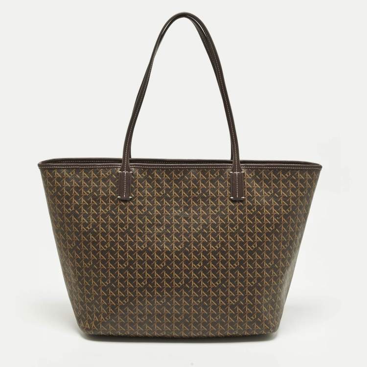 Pre Owned Tory Burch Ever Ready Dark Brown Basket Weave Print Coated Canvas Tote