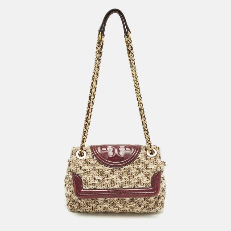 Pre Owned Tory Burch Fleming Flap Small Burgundy/Beige Quilted Leather and Tweed Shoulder Bag