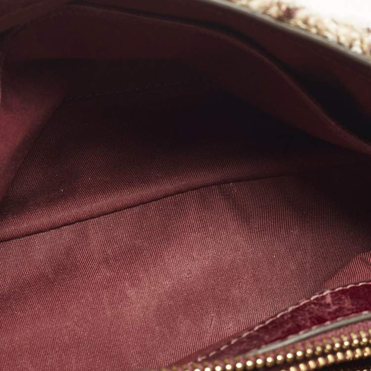 Pre Owned Tory Burch Fleming Flap Small Burgundy/Beige Quilted Leather and Tweed Shoulder Bag