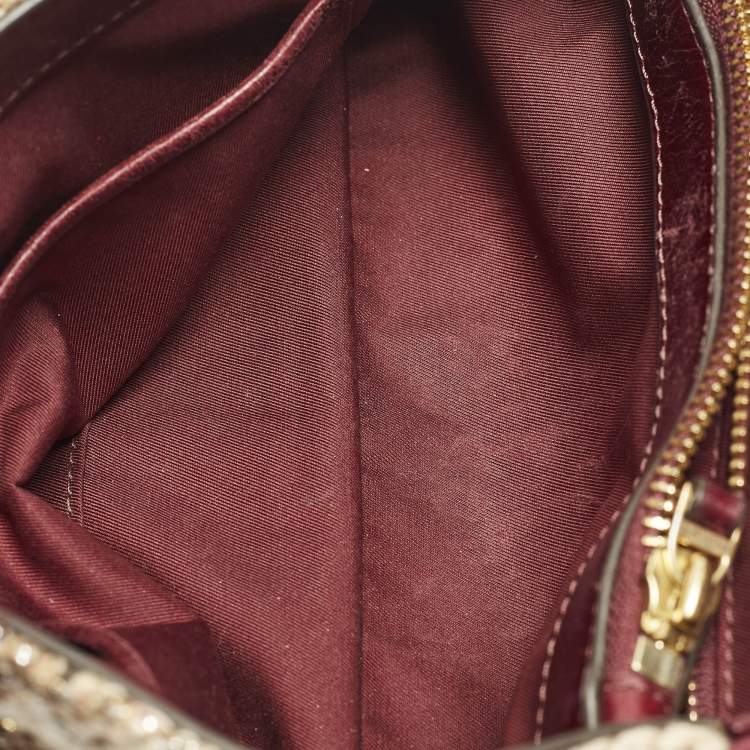 Pre Owned Tory Burch Fleming Flap Small Burgundy/Beige Quilted Leather and Tweed Shoulder Bag