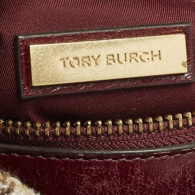 Pre Owned Tory Burch Fleming Flap Small Burgundy/Beige Quilted Leather and Tweed Shoulder Bag