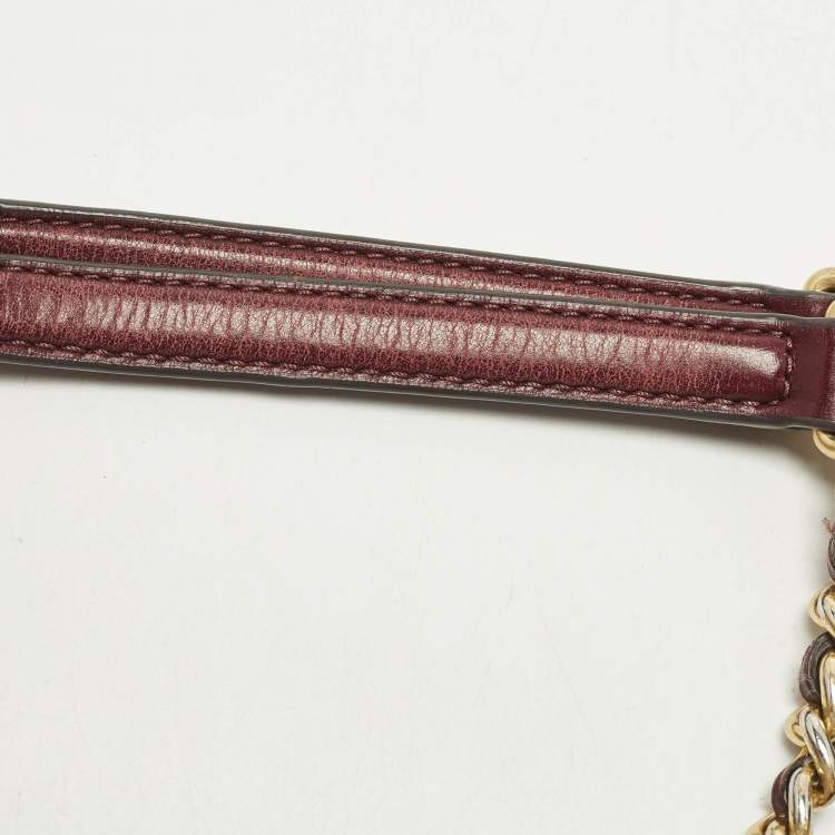 Pre Owned Tory Burch Fleming Flap Small Burgundy/Beige Quilted Leather and Tweed Shoulder Bag