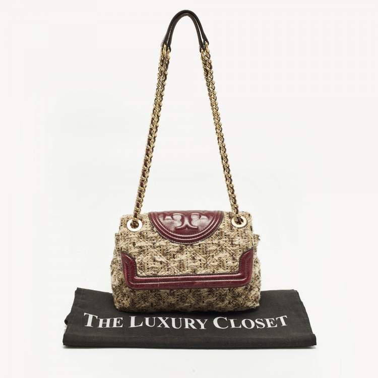 Pre Owned Tory Burch Fleming Flap Small Burgundy/Beige Quilted Leather and Tweed Shoulder Bag
