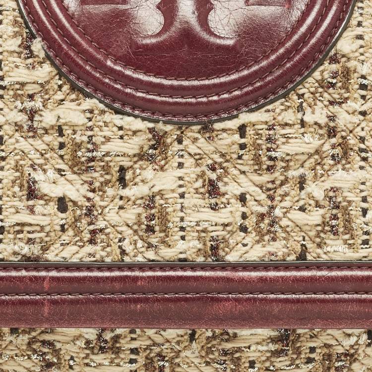 Pre Owned Tory Burch Fleming Flap Small Burgundy/Beige Quilted Leather and Tweed Shoulder Bag