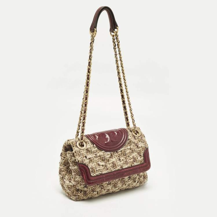 Pre Owned Tory Burch Fleming Flap Small Burgundy/Beige Quilted Leather and Tweed Shoulder Bag
