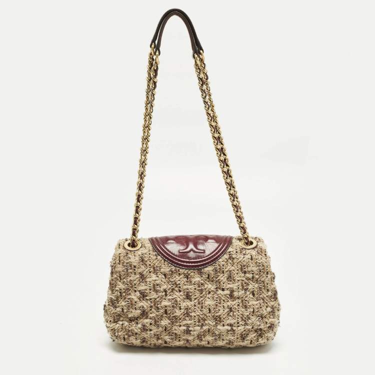 Pre Owned Tory Burch Fleming Flap Small Burgundy/Beige Quilted Leather and Tweed Shoulder Bag