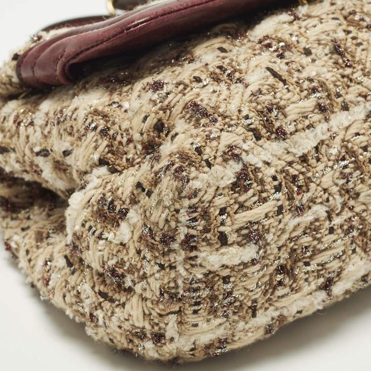 Pre Owned Tory Burch Fleming Flap Small Burgundy/Beige Quilted Leather and Tweed Shoulder Bag