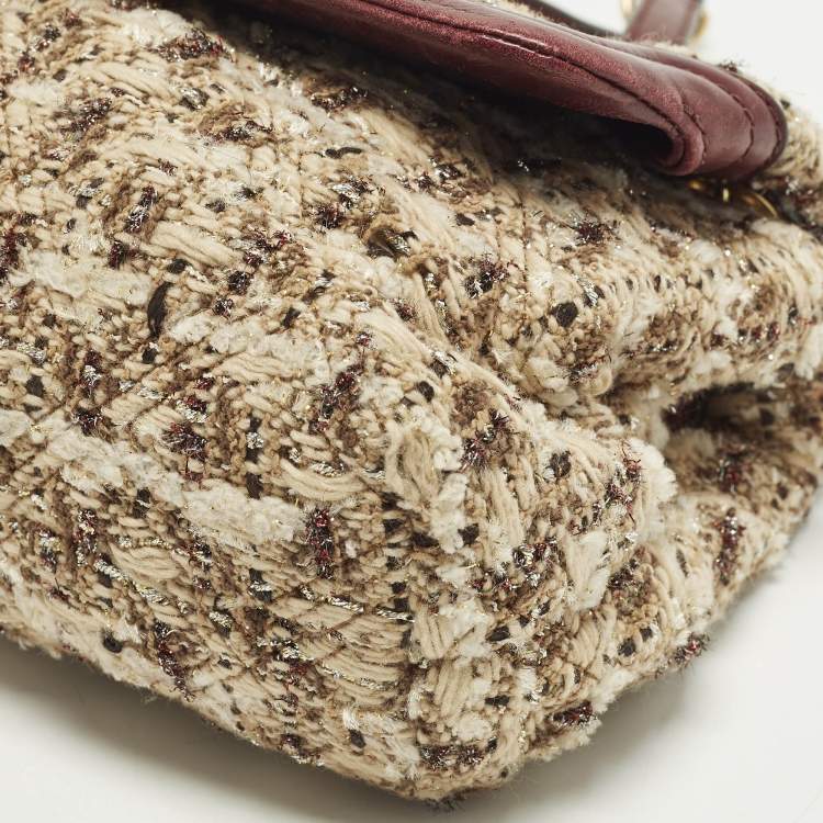 Pre Owned Tory Burch Fleming Flap Small Burgundy/Beige Quilted Leather and Tweed Shoulder Bag