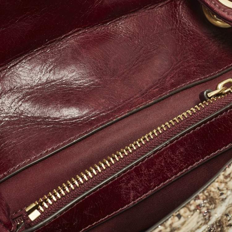 Pre Owned Tory Burch Fleming Flap Small Burgundy/Beige Quilted Leather and Tweed Shoulder Bag