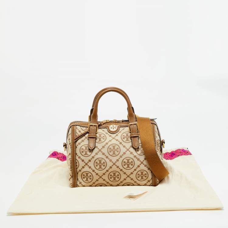 مملوكة مسبقًا حقيبة توري برش تي مونوغرام جاكار قماش و جلد بلون تان/بيج دافل
