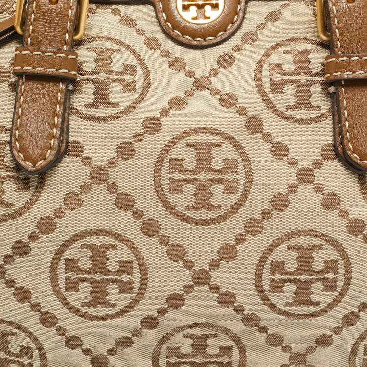 مملوكة مسبقًا حقيبة توري برش تي مونوغرام جاكار قماش و جلد بلون تان/بيج دافل