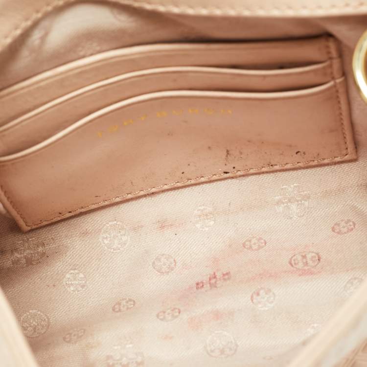Pre Owned Tory Burch Marion Embossed Peach Leather Shoulder Bag