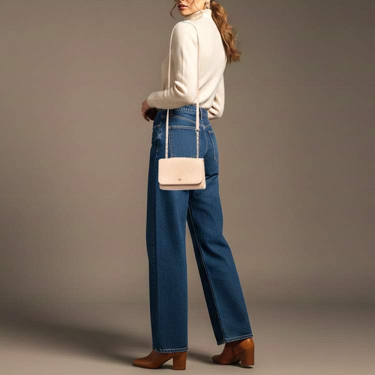 Pre Owned Tory Burch Marion Embossed Peach Leather Shoulder Bag