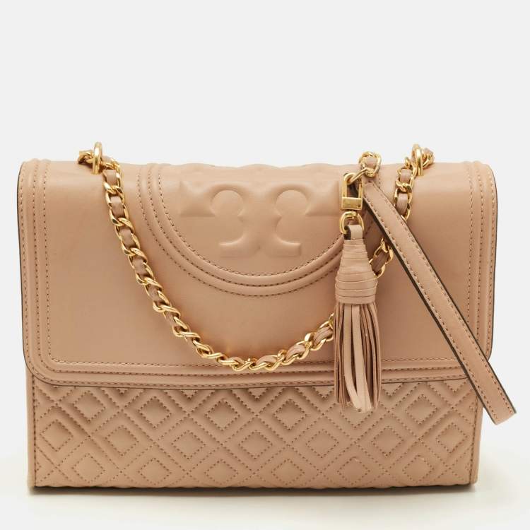 Pre Owned Tory Burch Fleming Medium Beige Leather Shoulder Bag