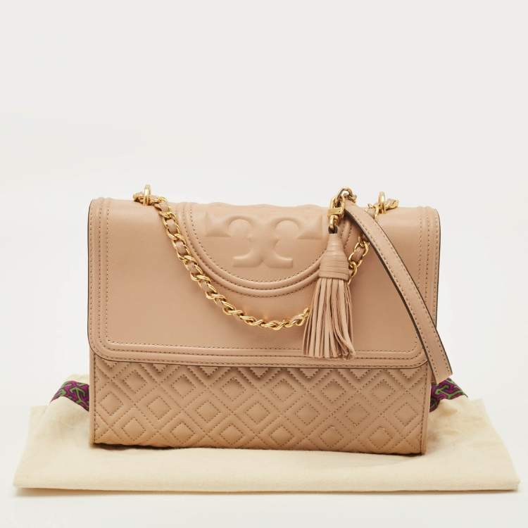 Pre Owned Tory Burch Fleming Medium Beige Leather Shoulder Bag
