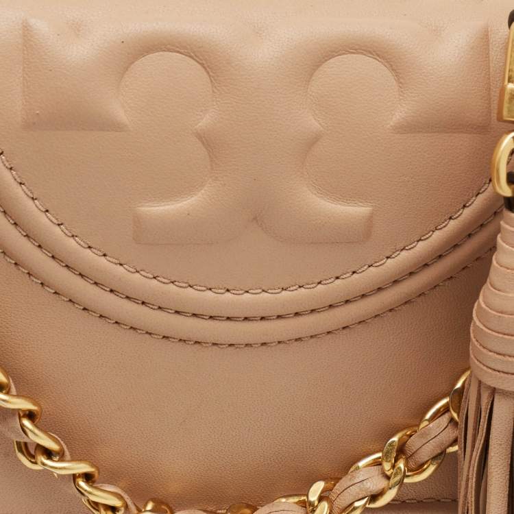 Pre Owned Tory Burch Fleming Medium Beige Leather Shoulder Bag