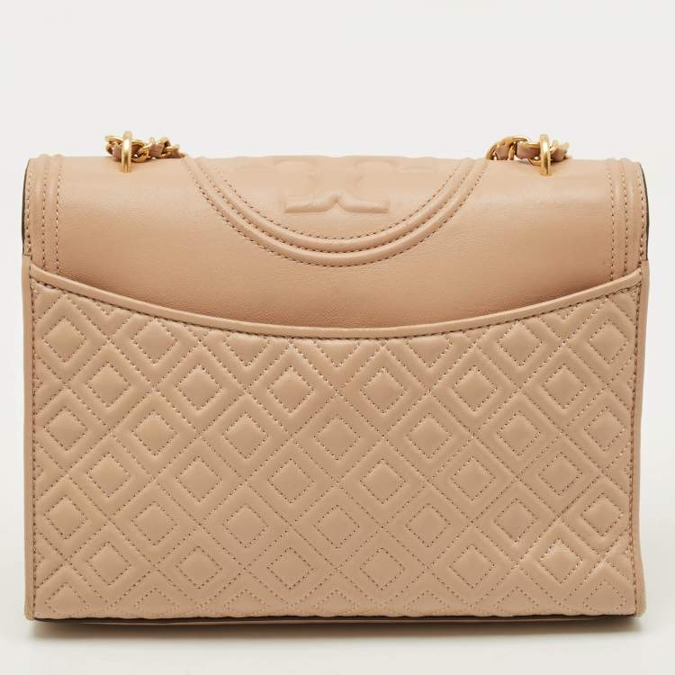Pre Owned Tory Burch Fleming Medium Beige Leather Shoulder Bag