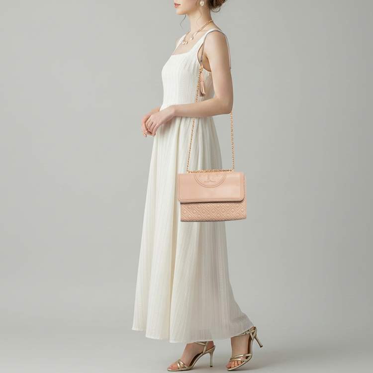 Pre Owned Tory Burch Fleming Medium Beige Leather Shoulder Bag