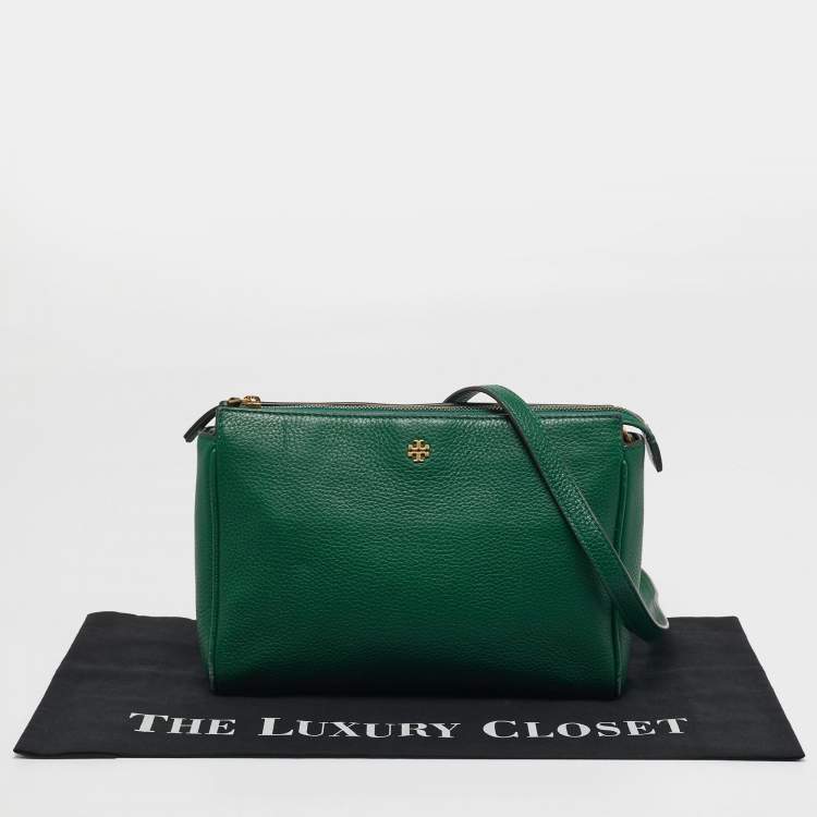Pre Owned Tory Burch Mercer Zip Green Leather Crossbody Bag