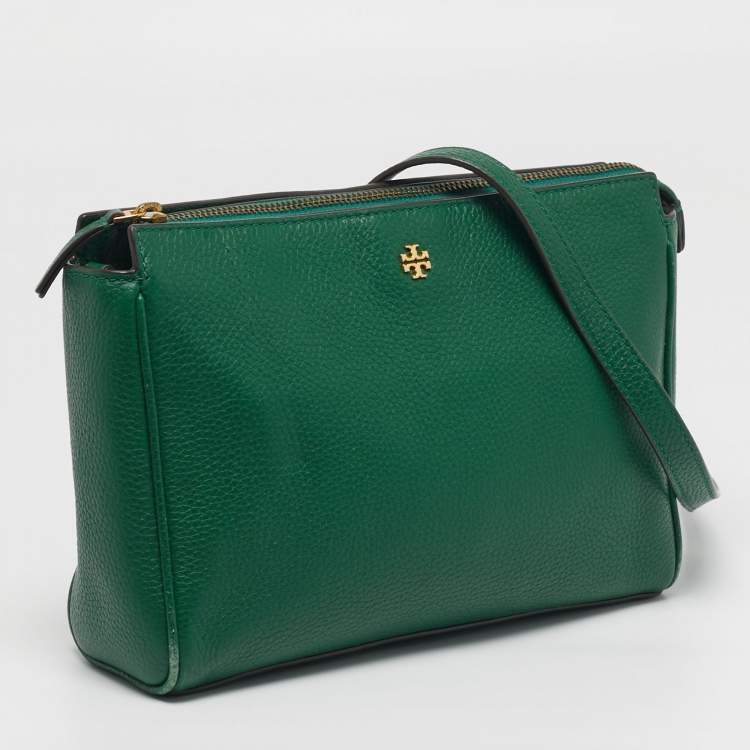 Pre Owned Tory Burch Mercer Zip Green Leather Crossbody Bag