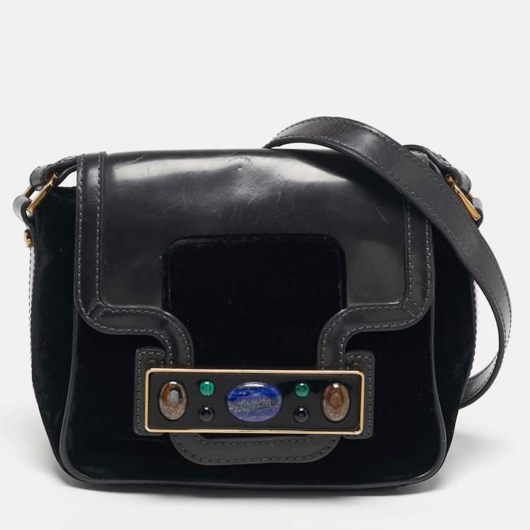 Pre Owned Tory Burch Crystal Embellished Black Leather and Velvet Flap Crossbody Bag