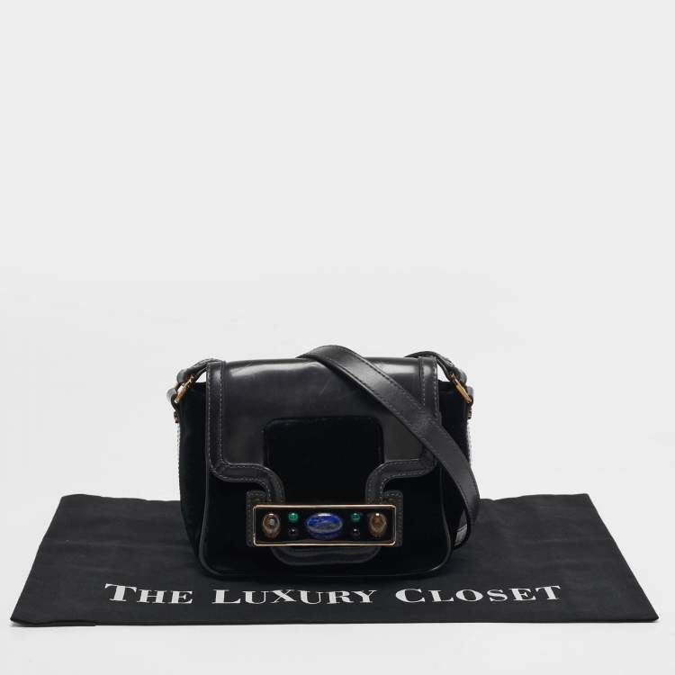 Pre Owned Tory Burch Crystal Embellished Black Leather and Velvet Flap Crossbody Bag