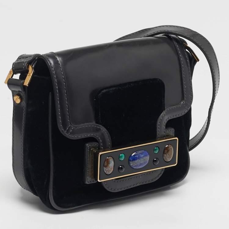 Pre Owned Tory Burch Crystal Embellished Black Leather and Velvet Flap Crossbody Bag
