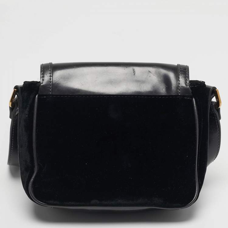 Pre Owned Tory Burch Crystal Embellished Black Leather and Velvet Flap Crossbody Bag