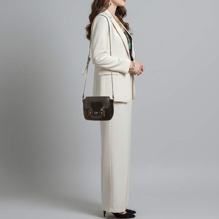 Pre Owned Tory Burch Crystal Embellished Black Leather and Velvet Flap Crossbody Bag