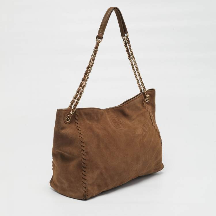 Pre Owned Tory Burch Marion Whipstitch Brown Suede Chain Tote
