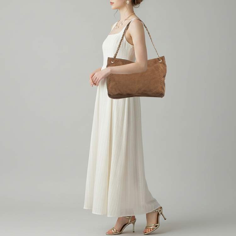 Pre Owned Tory Burch Marion Whipstitch Brown Suede Chain Tote