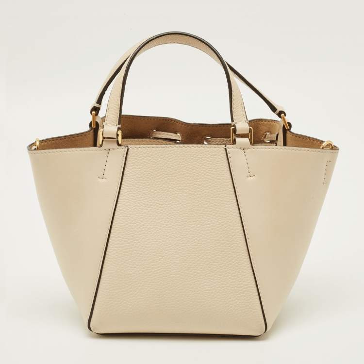 Pre Owned Tory Burch Mcgraw Dragonfly Beige Leather Drawstring Tote