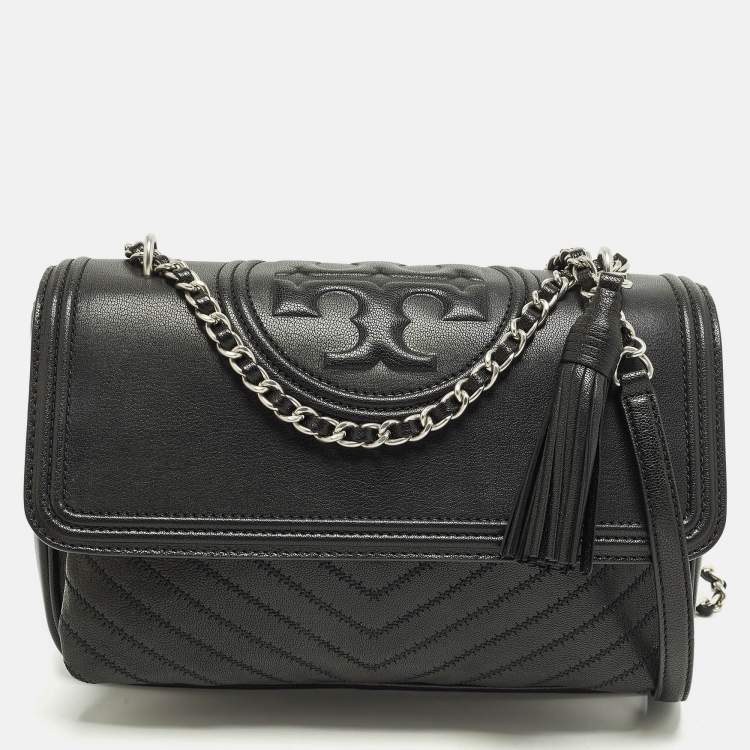 Pre Owned Tory Burch Fleming Black Leather Distressed Flap Shoulder Bag
