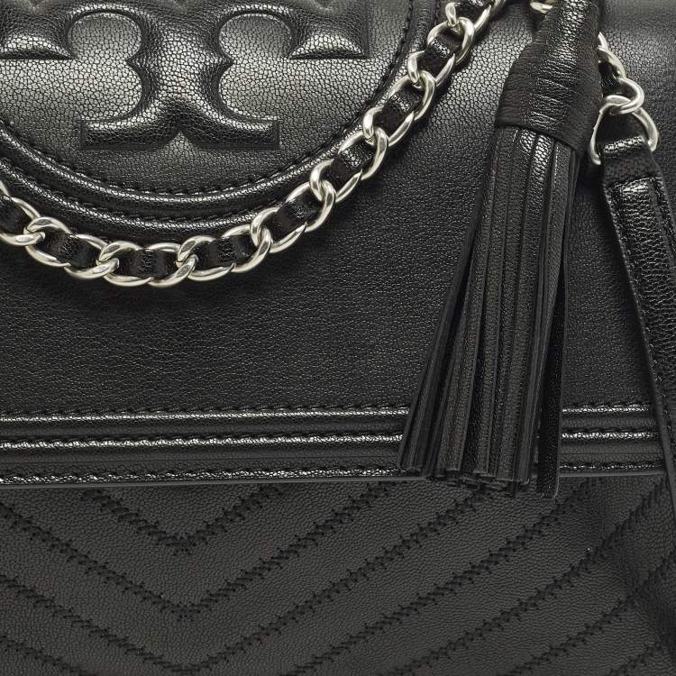 Pre Owned Tory Burch Fleming Black Leather Distressed Flap Shoulder Bag