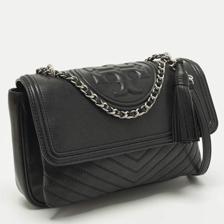 Pre Owned Tory Burch Fleming Black Leather Distressed Flap Shoulder Bag