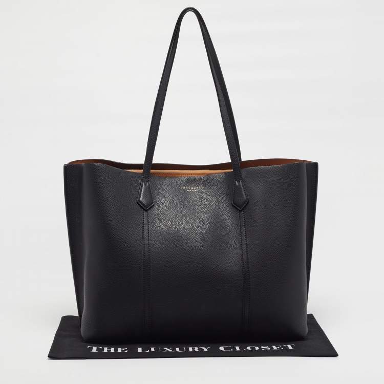 Pre Owned Tory Burch Triple Compartment Perry Large Black Leather Tote