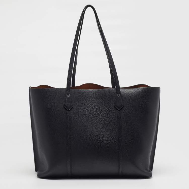 Pre Owned Tory Burch Triple Compartment Perry Large Black Leather Tote