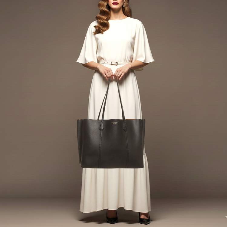 Pre Owned Tory Burch Triple Compartment Perry Large Black Leather Tote