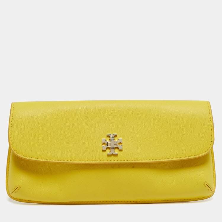 Pre Owned Tory Burch  Diana Yellow Saffiano Leather Flap Clutch