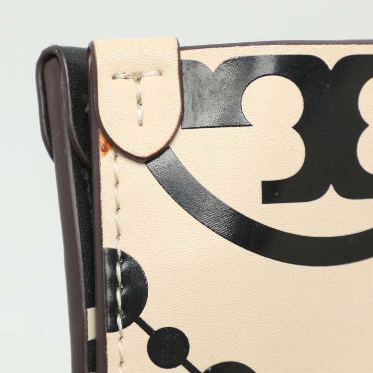 Pre Owned Tory Burch Monogram T Embossed Black/Off White Leather Contrast Tote
