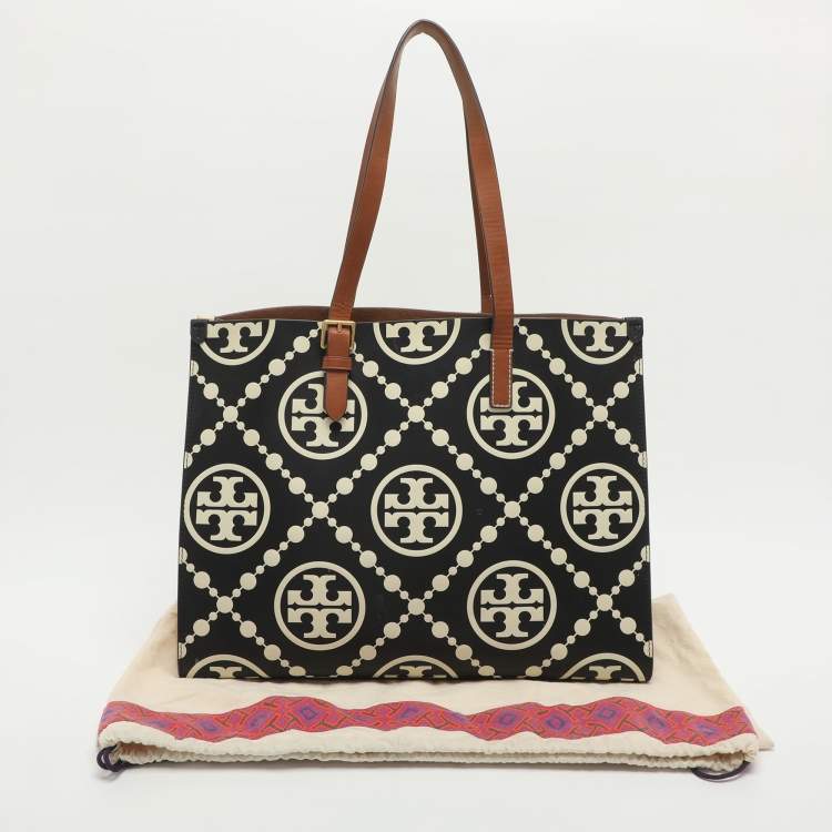 Pre Owned Tory Burch Monogram T Embossed Black/Off White Leather Contrast Tote