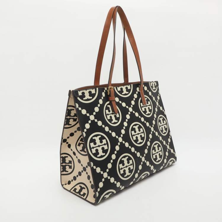 Pre Owned Tory Burch Monogram T Embossed Black/Off White Leather Contrast Tote