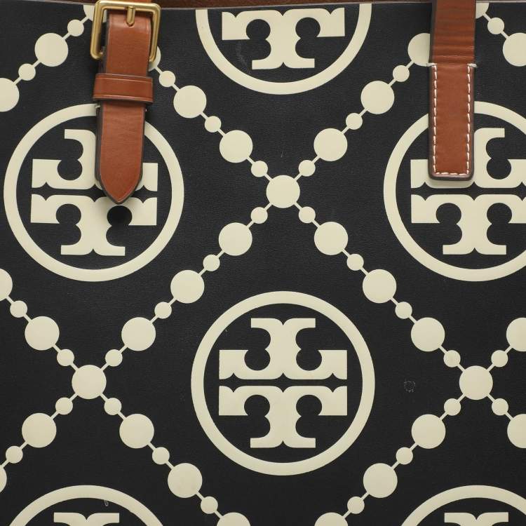 Pre Owned Tory Burch Monogram T Embossed Black/Off White Leather Contrast Tote
