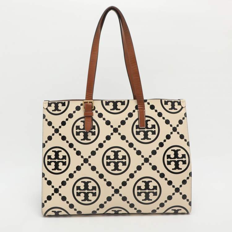 Pre Owned Tory Burch Monogram T Embossed Black/Off White Leather Contrast Tote