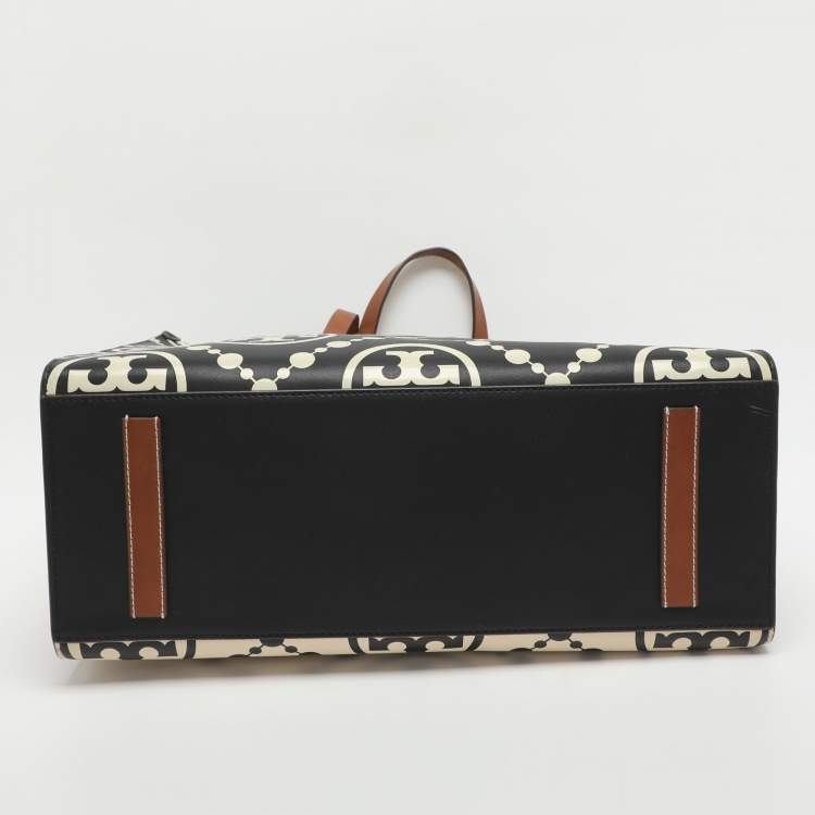 Pre Owned Tory Burch Monogram T Embossed Black/Off White Leather Contrast Tote