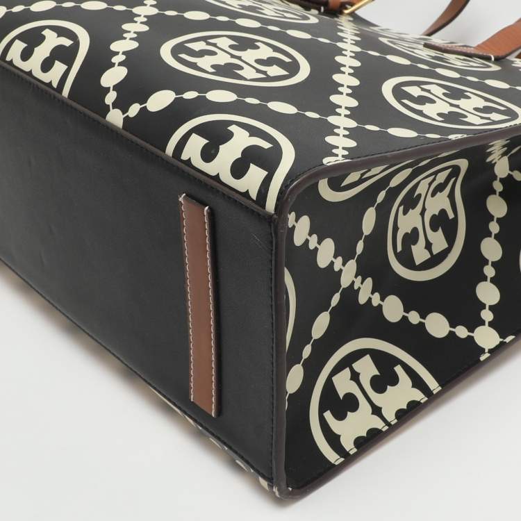 Pre Owned Tory Burch Monogram T Embossed Black/Off White Leather Contrast Tote